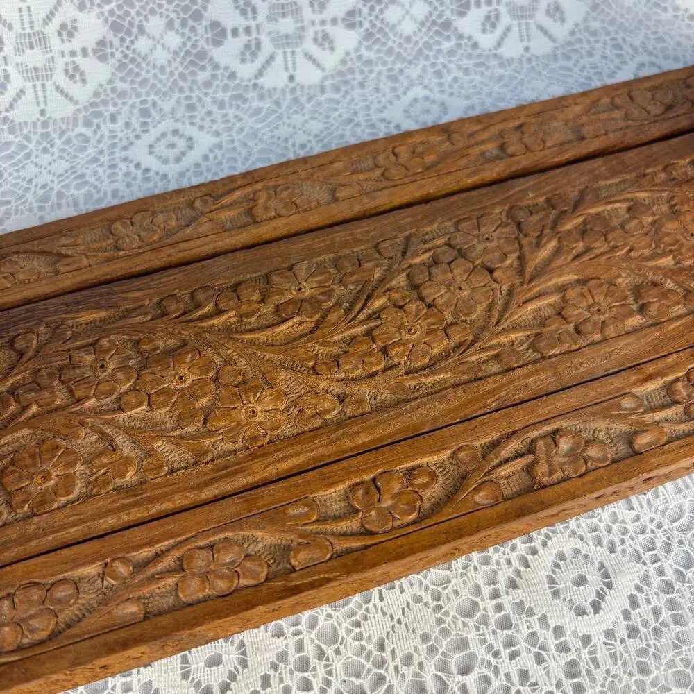 Vintage Hand Carved Wood Owl Bookends Expandable Sliding Book Rack Floral India